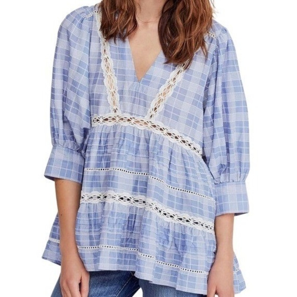 Free People Blue White Plaid Crochet Lace Tiered Babydoll‎ Tunic Top S/P Womens
